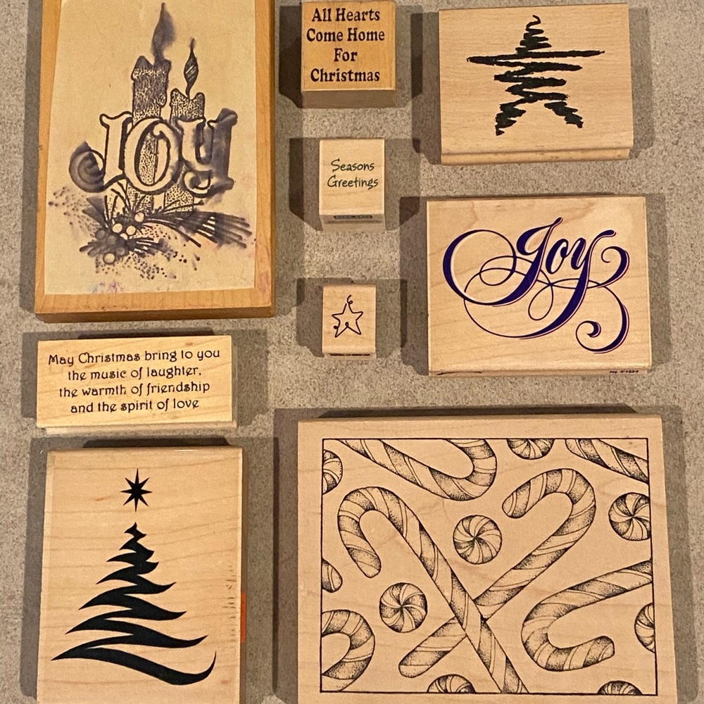 Wood Block Rubber Stamp Christmas Holiday Lot of 9